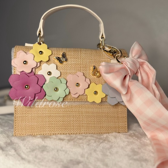 Betsey Johnson spring Floral flowers butterfly pink gingham bow satchel bag - Picture 2 of 11